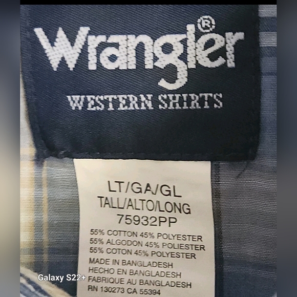 M77 Wrangler Western Shirts Blue & White Plaid Pearly White Snaps Size Lrg Tall - Picture 8 of 8